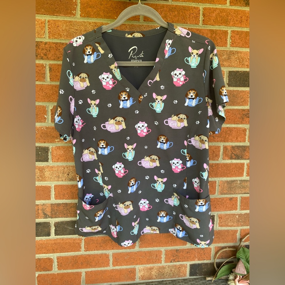 Gray Scrub Top with Animal Print Dog Lovers